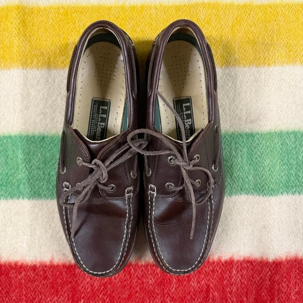 Vintage LL Bean Boat Shoes Mens 9 Brown Leather Nautical Deck Shoes